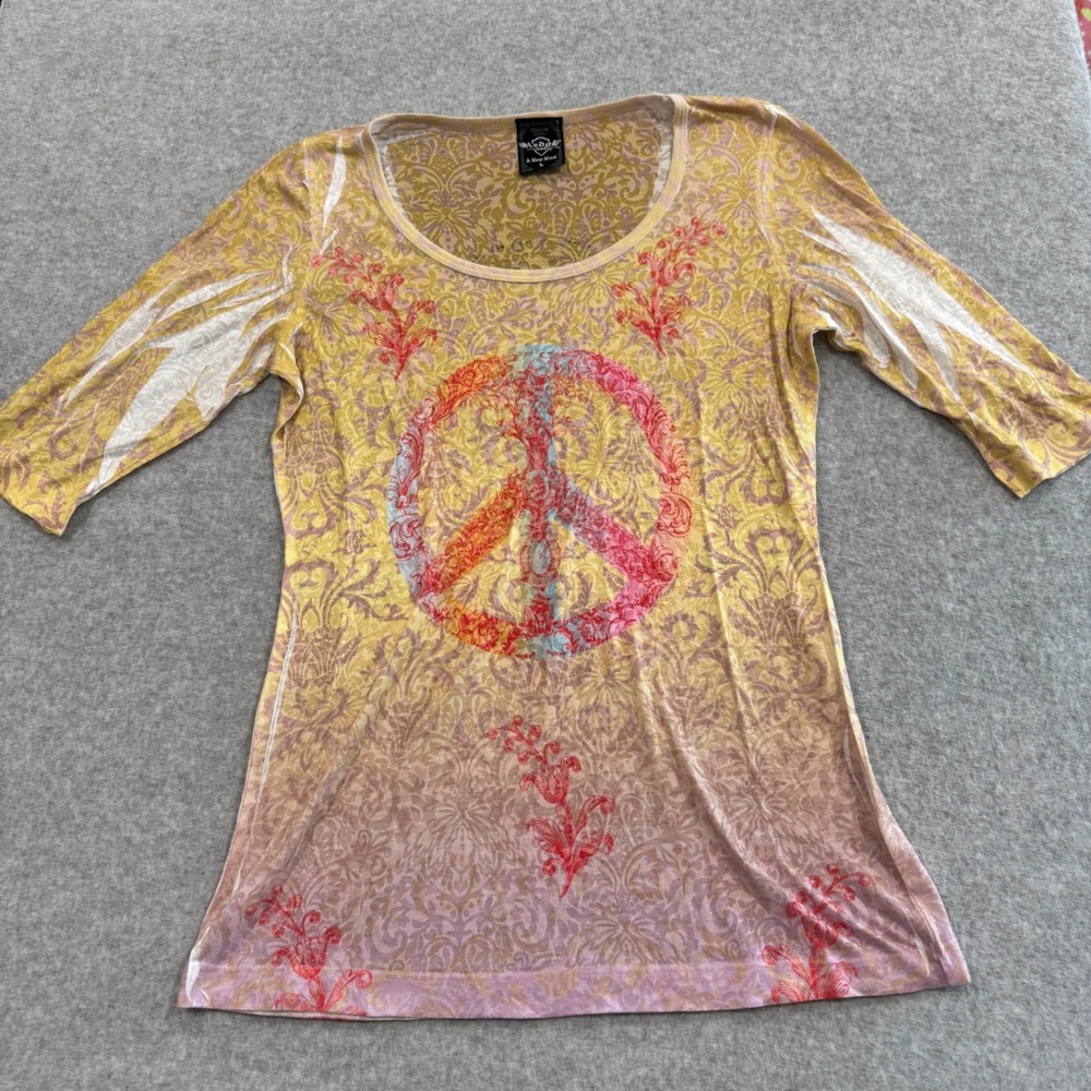 Y2K Sledge USA Womens Yellow Pink Rhinestone Peace Sign Top Large Made in USA
